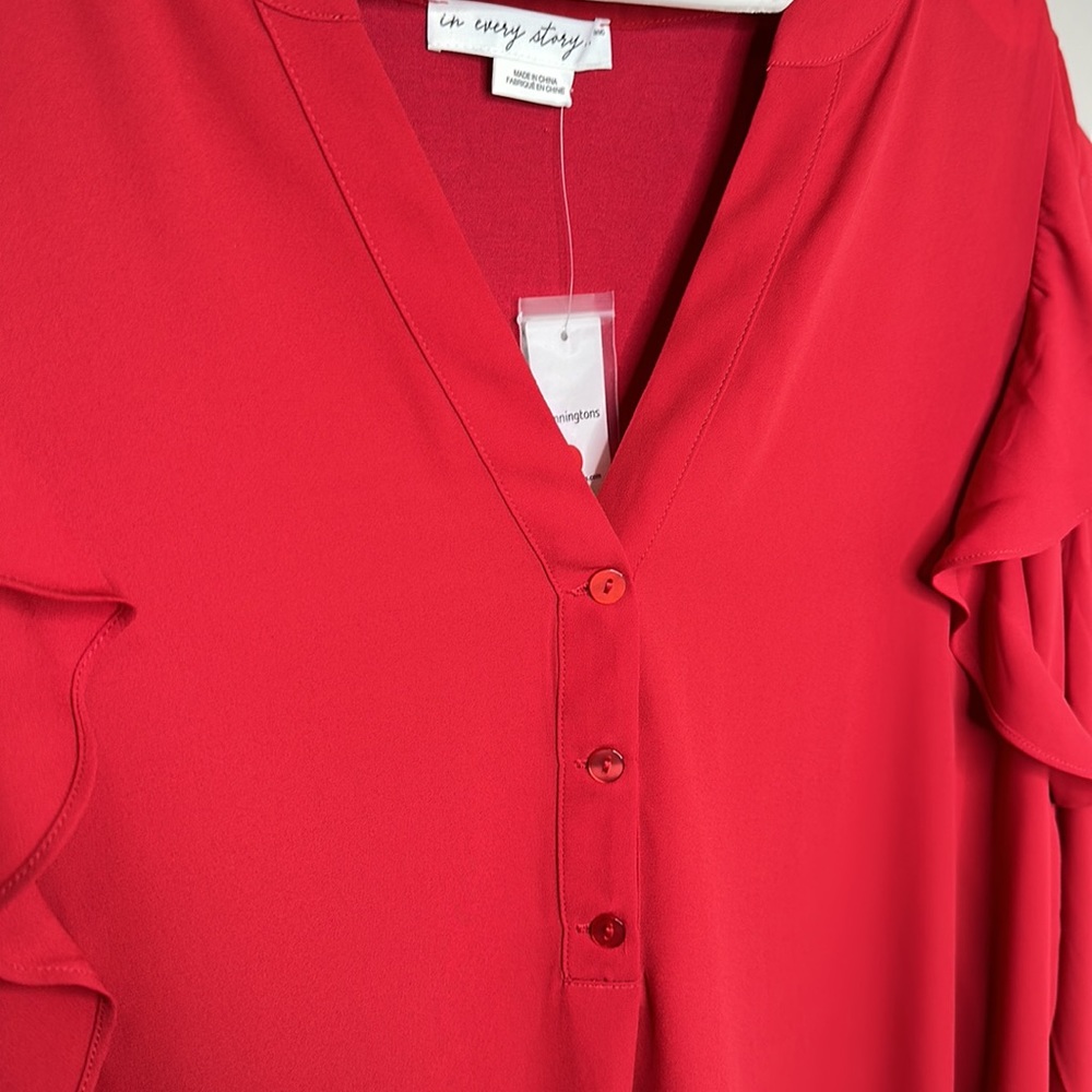 NWT Penningtons Red Mixed Media Blouse With Ruffle Shoulders - Picture 7 of 14